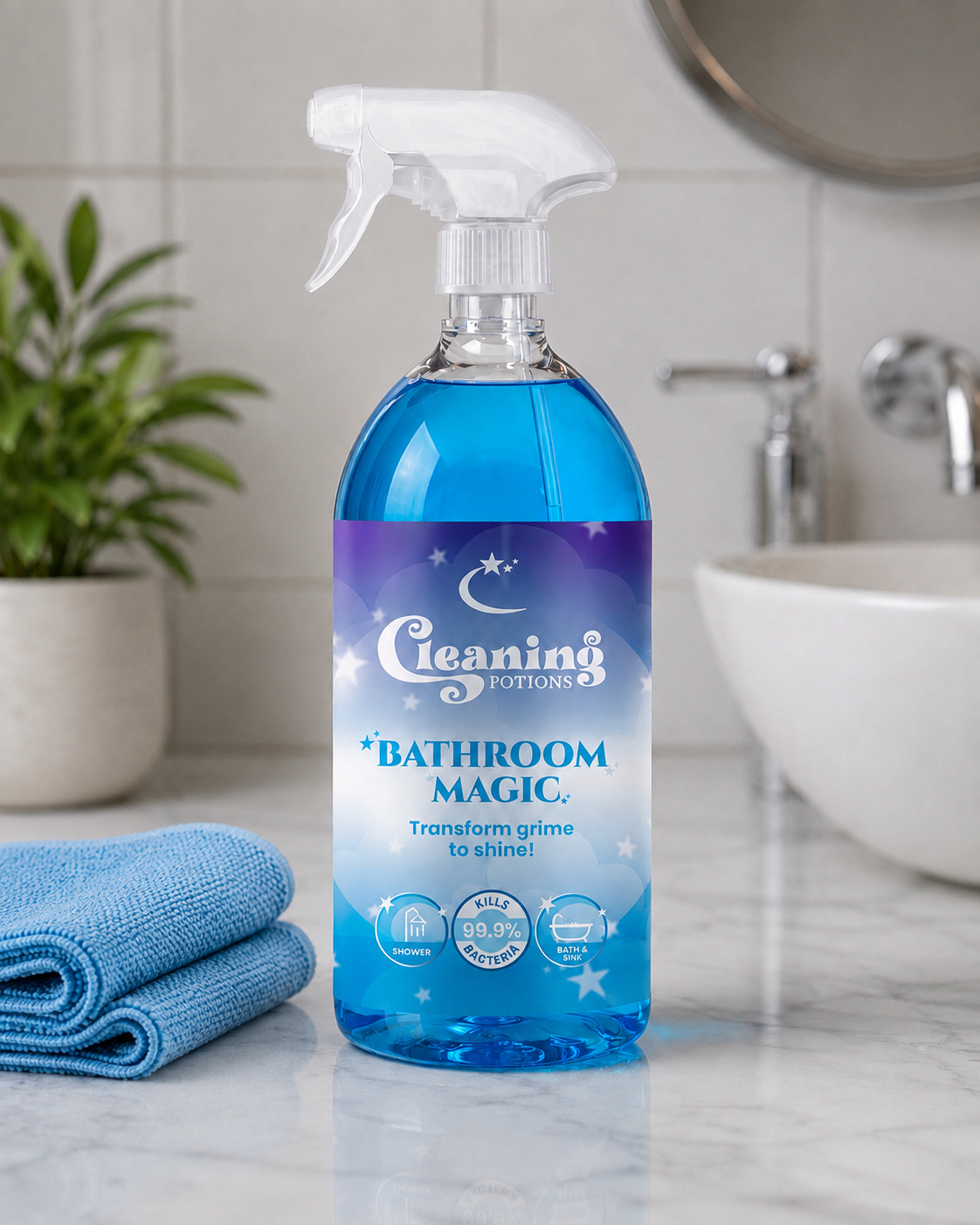 Bathroom cleaning spray to remove grime soap scum and limescale from showers baths tiles sinks and taps