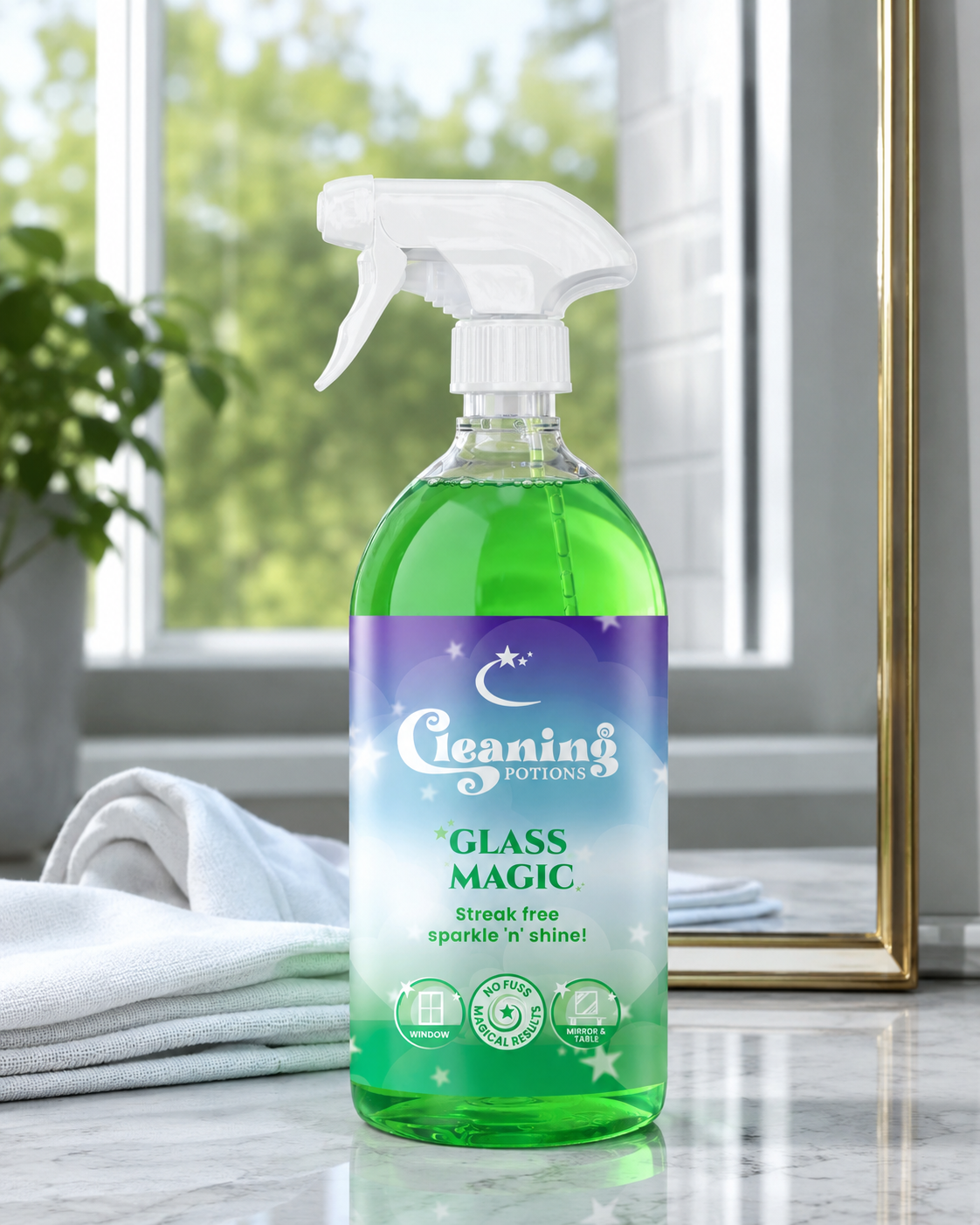 Cleaning spray for windows mirrors and glass tables to remove finger prints marks and grime to give smear free sparkling results 