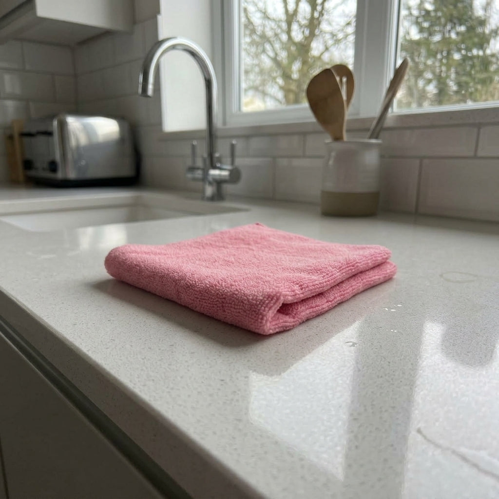 high absorbency microfibre cloth for cleaning worktops and kitchen cabinet doors for a perfect clean streak free finish 